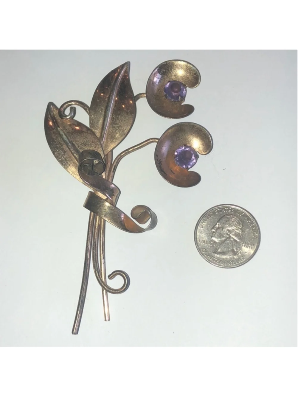 Sterling Gold Wash Purple CZ Rhinestone Floral Spray Brooch Shoulder Pin